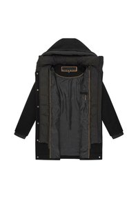 Manteau en duvet noir avec une doublure intérieure zippée, présentant un tissu extérieur doux, des fermetures à pression et des accents orange sur les coutures.