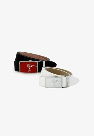 Two belts: one black with a red rectangular buckle and a silver logo, and one white with a clear rectangular buckle and a subtle logo.