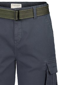 Navy cargo pants with a textured green woven belt. Features side pockets and a zipper, crafted from durable fabric. Size label visible.