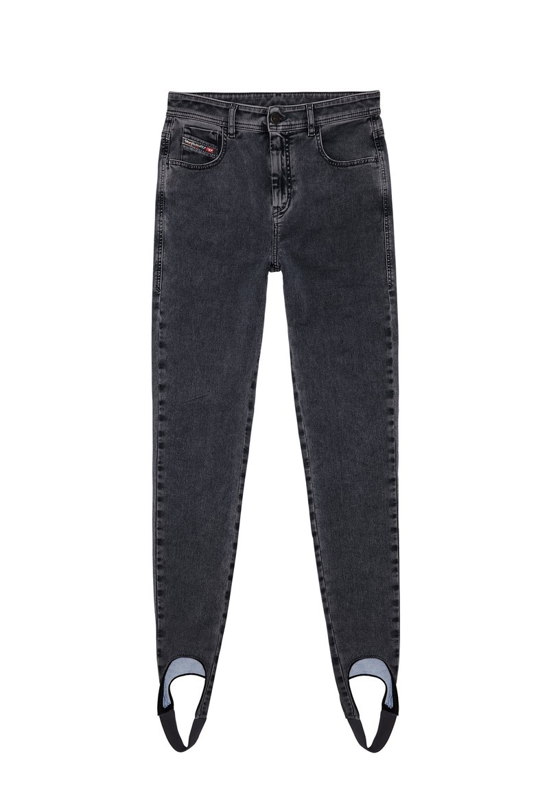 Jeans skinny in denim nero con vita alta, dotati di due tasche anteriori e particolari orli con tagli a contrasto in tessuto blu.