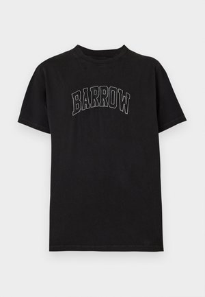 T-shirt noir à manches courtes avec col rond et texte blanc en contour « BARROW » sur la poitrine, sur un fond uni.