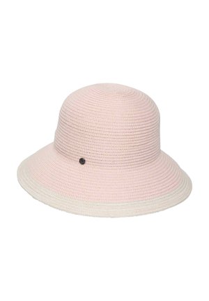 Soft pink woven sun hat with a wide brim and a small round black metal logo on the side.