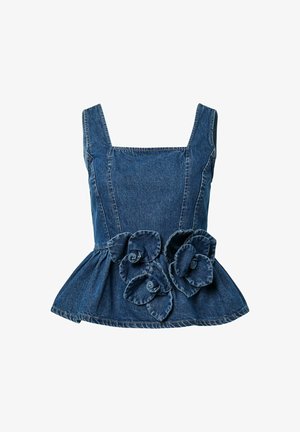 Haut sans manches en denim avec encolure carrée, ourlet à basque et trois grandes fleurs en tissu sur la taille avant.