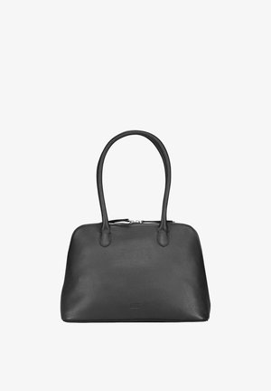 Sac à main en cuir noir à texture lisse, forme structurée, deux poignées et fermeture éclair. Présente un design minimaliste, sans accents visibles.