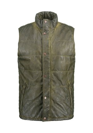Gilet imbottito verde oliva con collo alto, due tasche laterali e bottoni a scatto di bronzo. Texture morbida e lucida con motivo trapuntato.