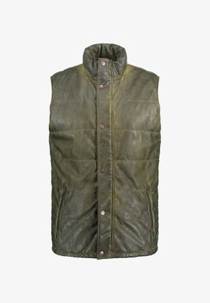 Gepolsterte olivgrüne Weste mit hohem Kragen, zwei Seitentaschen und bronzefarbenen Druckknöpfen. Weiche, glänzende Textur mit gestepptem Muster.