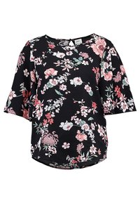 Blusa negra con flores de manga corta que presenta patrones de flores en tonos rosa, blanco y verde. Tejido suave con un corte relajado y cuello redondo.