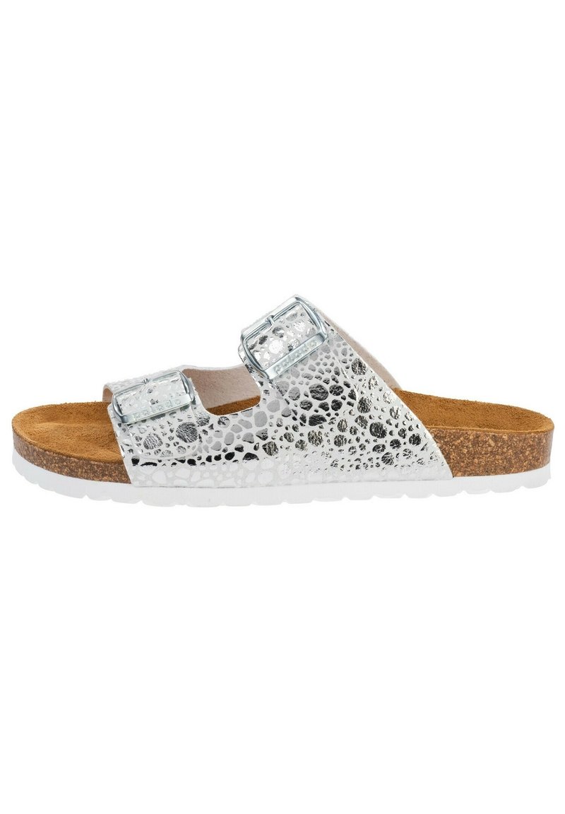 Silverfärgad metallisk sandal med två justerbara spännen, korkfotbädd och vit strukturerad sula.
