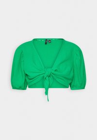 Blouse verte courte avec un décolleté en V profond et un détail de nœud à l'avant. Manches bouffantes et tissu texturé pour un design léger et aéré.
