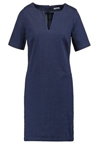 Navy blue mekko, jossa on lyhyet hihat, V-pääntie, pehmeä tekstuuri, slim fit -malli ja polvipituus. Takana vetoketjukiinnitys.