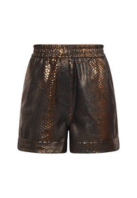 Bruine shorts met een schubbenpatroon van slang, voorzien van een elastische tailleband, een strakke textuur en een opgerolde zoom. Gemaakt van synthetisch materiaal.