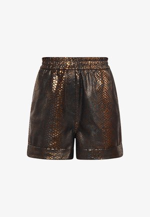 Brown snakeskin-patterned shorts with an elastic waistband, sleek texture, and a rolled hem. Made of synthetic material.