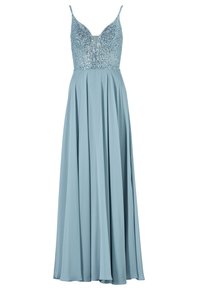 Vaaleansininen iltapuku, jossa on helmikirjailtu torso, syvä V-mallinen kaula-aukko ja liehuva hame. Ominaisuuksiin kuuluvat ohuet olkaimet ja pleatattu kangas, joka tuo eleganssia.