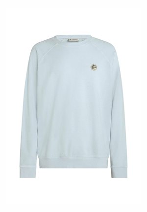 Hellblaues Sweatshirt mit rundem Ausschnitt, Raglanärmeln, gerippten Bündchen und Saum, mit kleinem Logoemblem auf der linken Brust.
