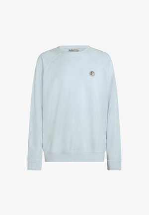Felpa azzurro chiaro con scollo rotondo, maniche raglan, polsini e orlo a coste, con un piccolo emblema logo sul petto a sinistra.