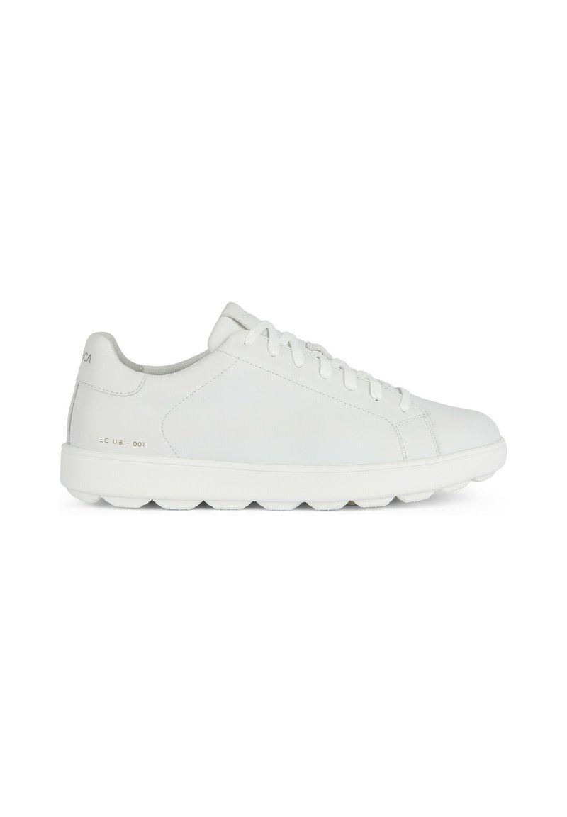 Sneakers bianchi in pelle con texture liscia, punta rotonda e suola piatta in gomma. Presentano una semplice allacciatura e un design minimalista.