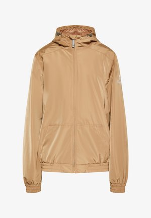 Ľahká béžová bunda vyrobená z hladkého, vodeodolného materiálu. Má kapucňu, predný zips a elastické manžety s bočnými vreckami.