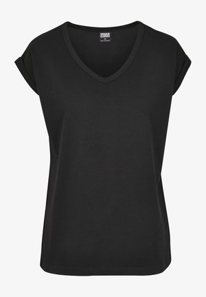 Sort T-shirt med korte ærmer og V-hals med op-rullede manchetter, afslappet pasform og mærket "Urban Classics" indeni nakken.