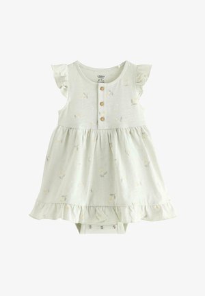 Lysegrøn, ærmeløs babykjole med flæser på ærmer og kant, lille blomsterprint, forreste træknapper og trykknapper i bunden.
