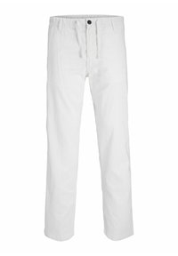 Bílé kalhoty z bavlny s designem rovného střihu, vybavené zapínáním na knoflíky a stahováním v pase. Hladká textura, minimální detaily.