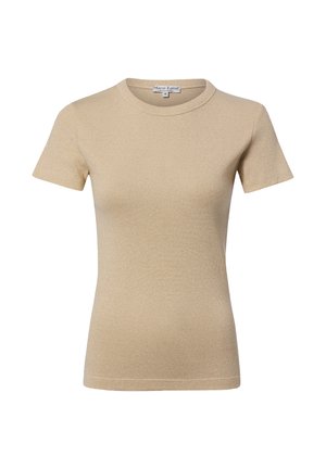 Beżowy, dopasowany krótki sweter z dzianiny z okrągłym dekoltem i metką z nazwą marki "Marie Lund" w rozmiarze małym.