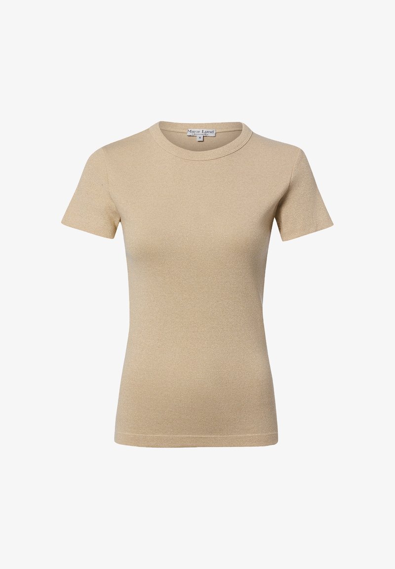 Haut beige ajusté à manches courtes en tricot avec col rond et étiquette affichant la marque "Marie Lund", taille small.