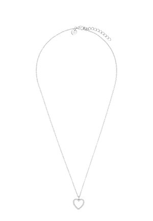 Collier délicat en chaîne d'argent avec un pendentif en forme de cœur orné de petites pierres scintillantes, comprenant un fermoir réglable et une chaîne d'extension.