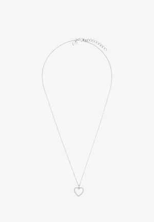 Zarte Silberkette mit herzförmigem Anhänger, verziert mit kleinen funkelnden Steinen, inklusive verstellbarem Verschluss und Verlängerungskette.