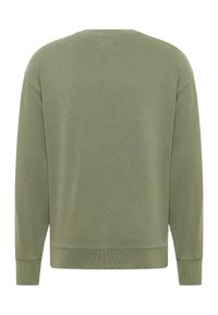 Sweatshirt vert olive à manches longues, col rond, avec poignets et ourlet côtelés. Tissu en coton doux et texture lisse. Design uni au dos.