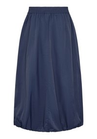 Marineblå, midi-lang nederdel med elastisk, smocket talje og ballonformet kant, lavet af glat, let stof.