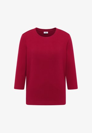 Czerwony t-shirt z rękawem 3/4, wykonany z miękkiego materiału, z okrągłym dekoltem i prążkowaną teksturą. Bez widocznych wzorów ani akcentów.