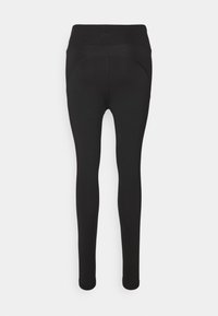 Czarne legginsy z wysokim stanem, elegancki design i subtelny wzór tekstury. Wzmocnione szwy i elastyczny materiał.