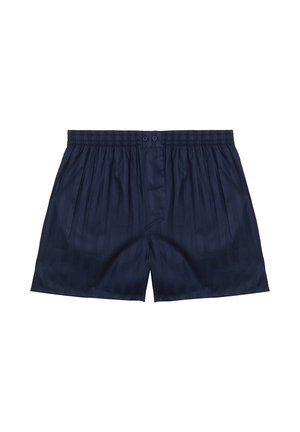 Boxer shorts para hombre de color azul marino con sutiles rayas verticales, cinturilla elástica y dos pequeños botones en la parte delantera del braguer.