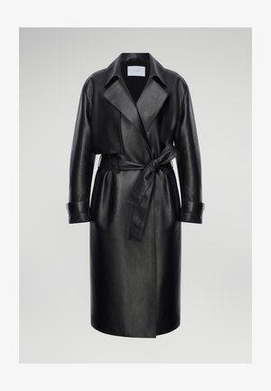 Black leather trench coat with wide lapels, long sleeves, and a belted waist. Features a smooth texture and knee-length design.