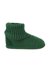 Groene vilten pantoffel met een geribbelde gebreide boord. De zachte textuur en het afgeronde teenontwerp bieden warmte en comfort voor binnenshuis gebruik.