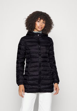 Black puffer jacket with horizontal quilted design, zip closure, and a hood. Made of lightweight, shiny fabric with elastic cuffs.