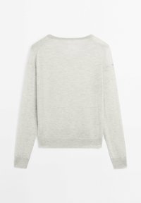 Light grey long-sleeve knitted sweater with crew neckline and ribbed cuffs and hem, shown flat from the back.