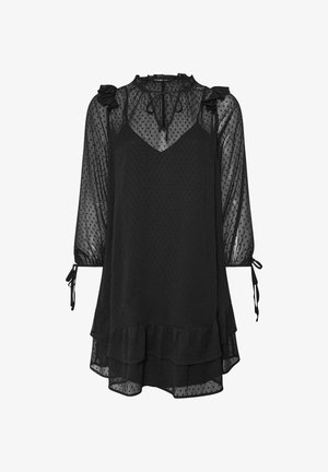 Schwarzes, durchsichtiges Langarmkleid mit gepunktetem Muster, Rüschen an den Schultern, gebundenem Kragen und mehrlagigem Rüschensaum.