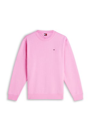 Világos rózsaszín, hosszú ujjú, kerek nyakú pulóver bordázott mandzsettákkal és szegéllyel, kis Tommy Hilfiger zászlólogóval a mellkason.