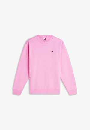 Világos rózsaszín, hosszú ujjú, kerek nyakú pulóver bordázott mandzsettákkal és szegéllyel, kis Tommy Hilfiger zászlólogóval a mellkason.