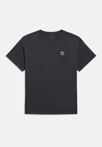 T-shirt με V λαιμόκοψη και κοντά μανίκια σε σκούρο γκρι ύφασμα, με διακριτικό λογότυπο Adidas στο αριστερό στήθος. Λείο ύφασμα και χαλαρή σχεδίαση.
