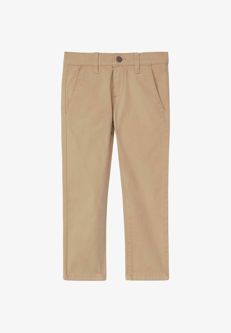Beige katoenen chino's met een rechte snit, voorzakken en een enkele knoopsluiting in de taille. Gladde textuur, zonder patronen of accenten.