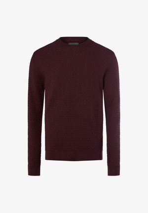 Pull en mailles côtelées de couleur bordeaux à manches longues, avec un motif carré texturé, présenté sur fond blanc.