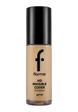 Flormar HD Invisible Cover foundation bottle with black cap, beige liquid foundation inside, SPF 30 protection.