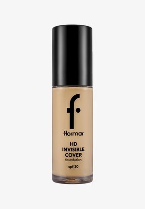 Flormar HD Invisible Cover foundation bottle with black cap, beige liquid foundation inside, SPF 30 protection.
