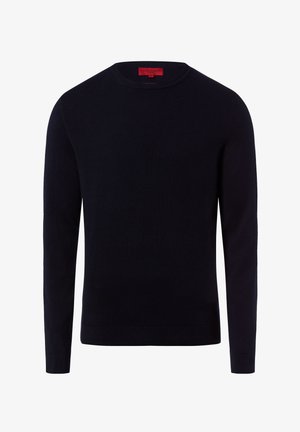 Marineblauer Langarm-Pullover aus weichem Strickmaterial mit Rundhalsausschnitt. Verfügt über ein rotes Innenetikett. Keine Muster oder Verzierungen.