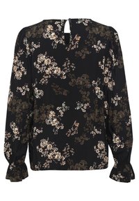 Črna dolga bluzica z bež in rjavim cvetličnim vzorcem, z zadnjim delom v obliki ključavnice in gumbom ter nabrano manšeto.