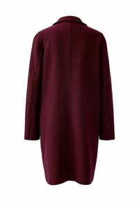 Burgundy wool coat with a long, straight silhouette, featuring a notched collar and no visible buttons or fastenings on the back.