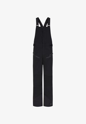 Black waterproof bib pants with adjustable shoulder straps, multiple zippered pockets, a straight-leg cut, and reinforced lower legs.
