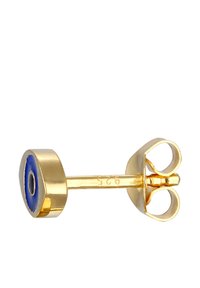 Boucle d'oreille clou plaquée or présentant un design ovale en émail bleu avec un point noir central. Fermeture sécurisée avec un fermoir en forme de fleur.